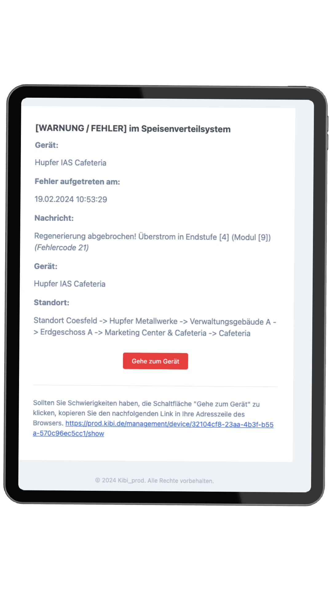 Kibi Scada Alarm-Benachrichtigung auf dem Smartphone mit Push-Notification