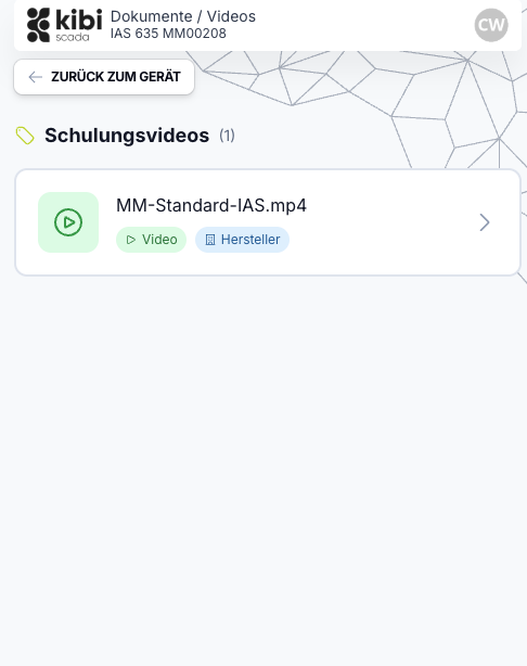 Mobile Ansicht in Kibi Scada mit Schulungsvideo zu einem Gerät